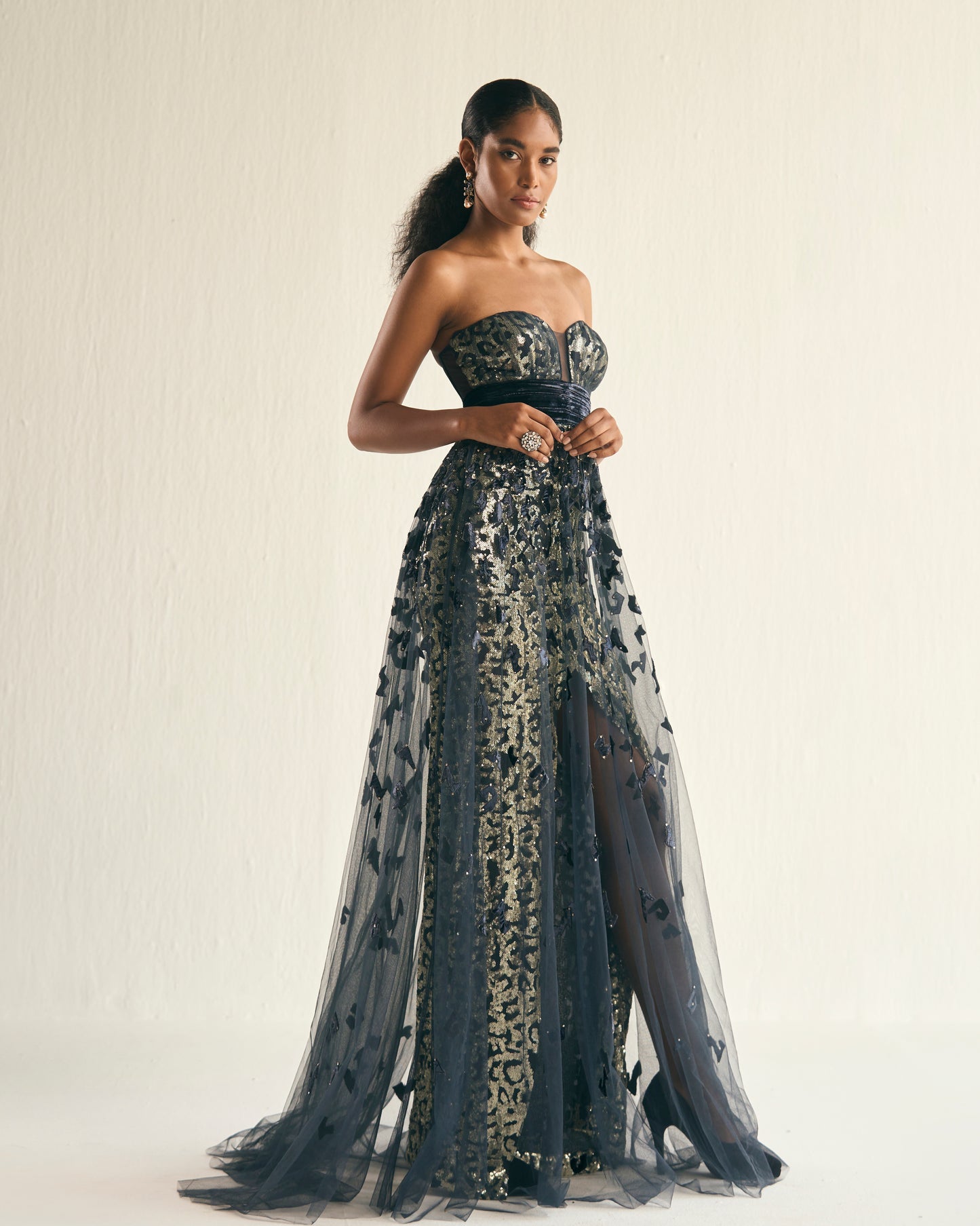 Shadow grey velvet applique tulle gown