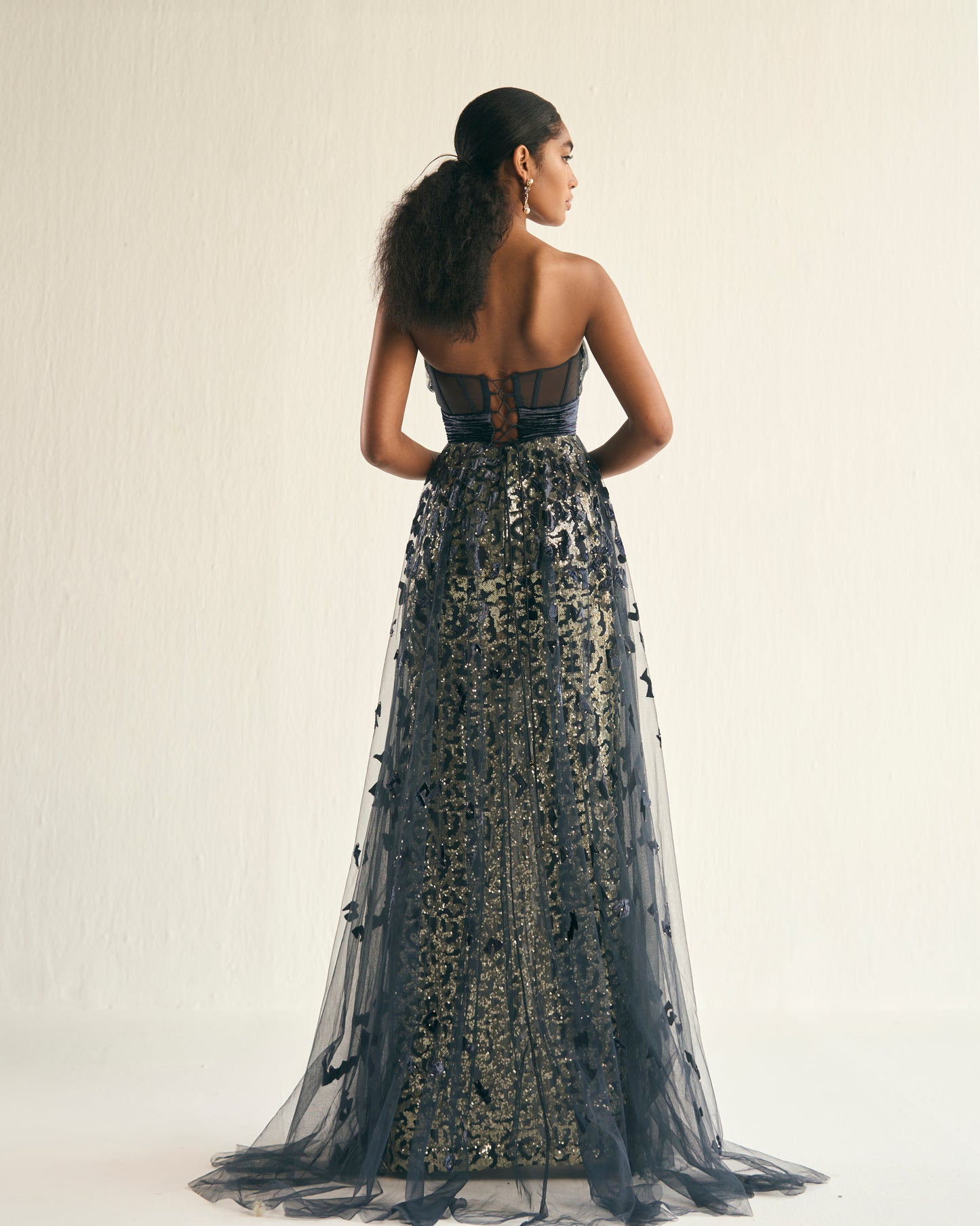 Shadow grey velvet applique tulle gown