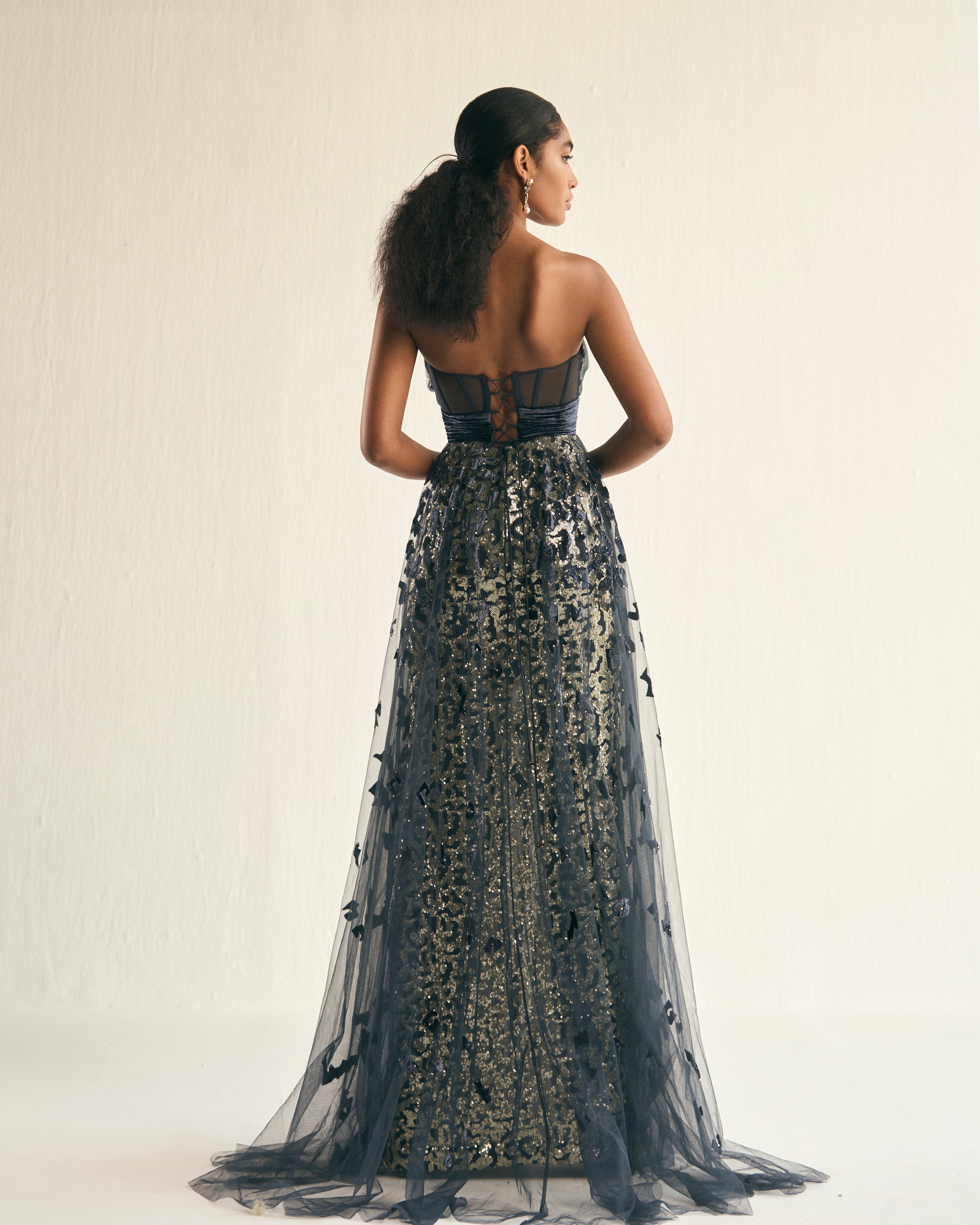 Shadow grey velvet applique tulle gown