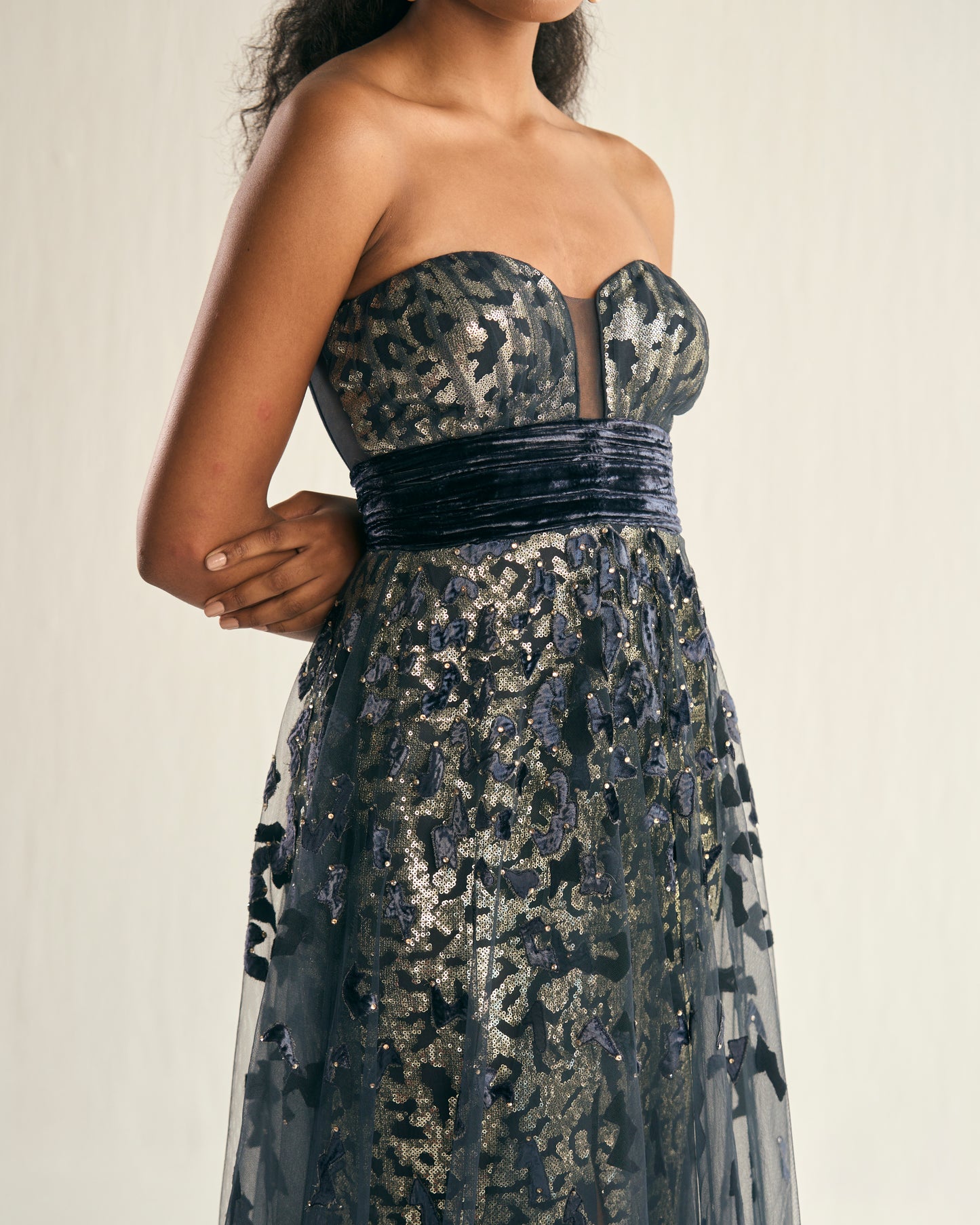 Shadow grey velvet applique tulle gown