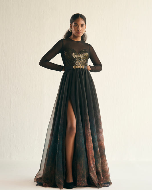 Jupiter print organza gown