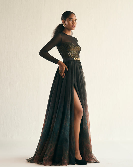 Jupiter print organza gown