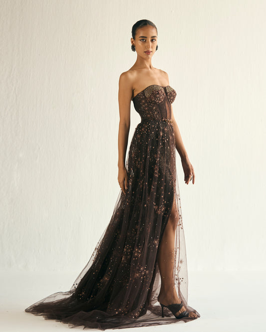 Cosmic brown embroidered tulle gown