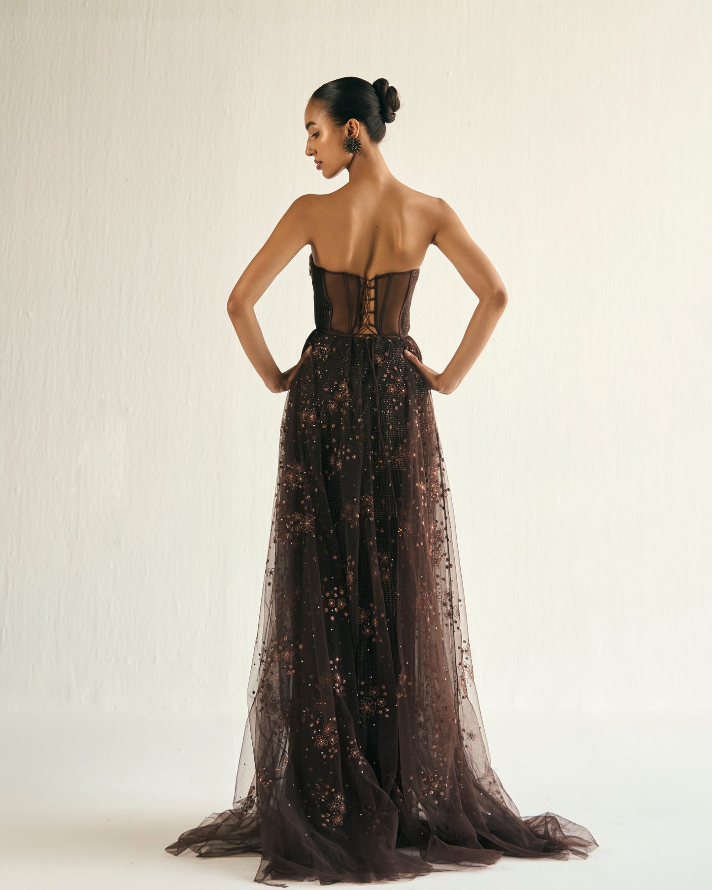Cosmic brown embroidered tulle gown