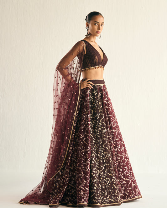 Burgandy and brown zari jaal embroidered lehenga