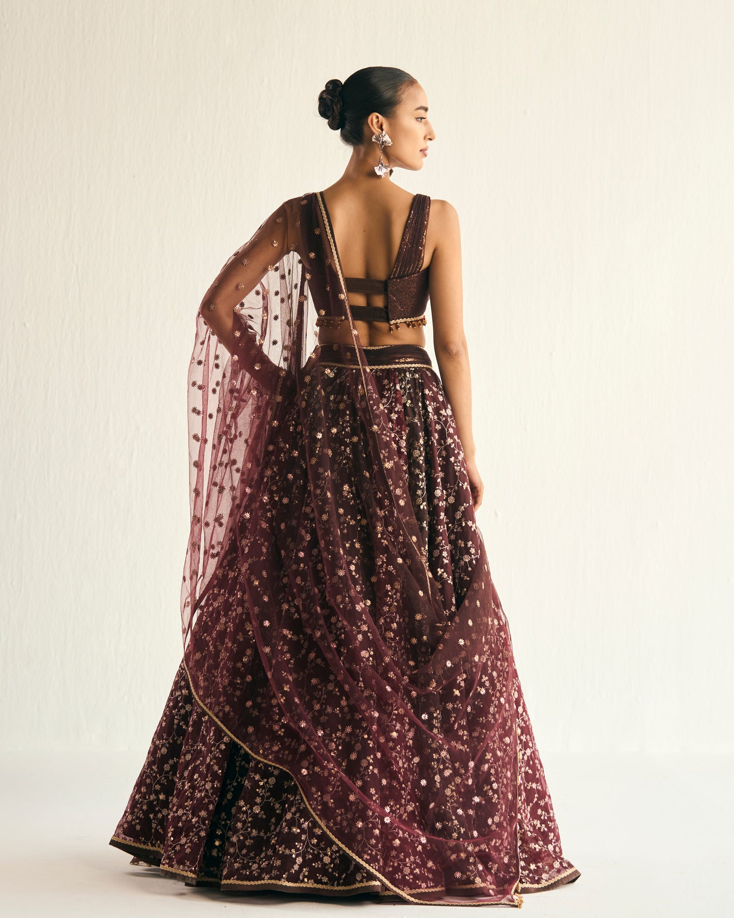 Burgandy and brown zari jaal embroidered lehenga