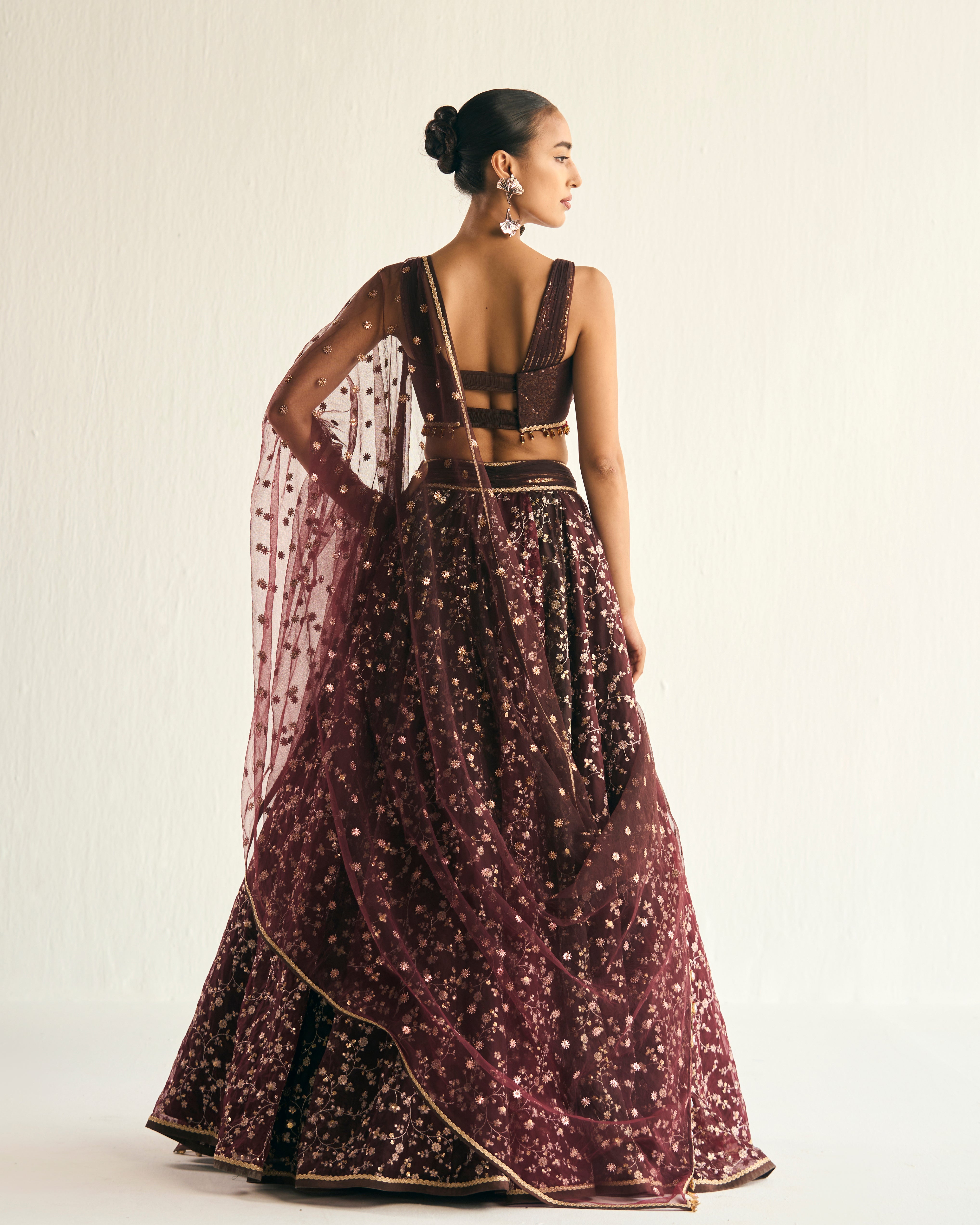Burgandy and brown zari jaal embroidered lehenga