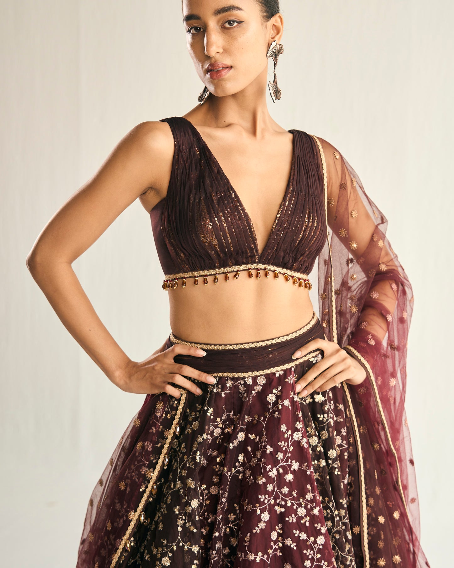 Burgandy and brown zari jaal embroidered lehenga