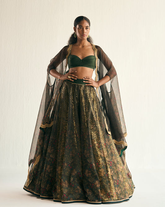 Enchanted forest printed organza lehenga