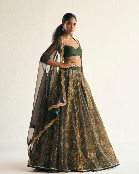 Enchanted forest printed organza lehenga