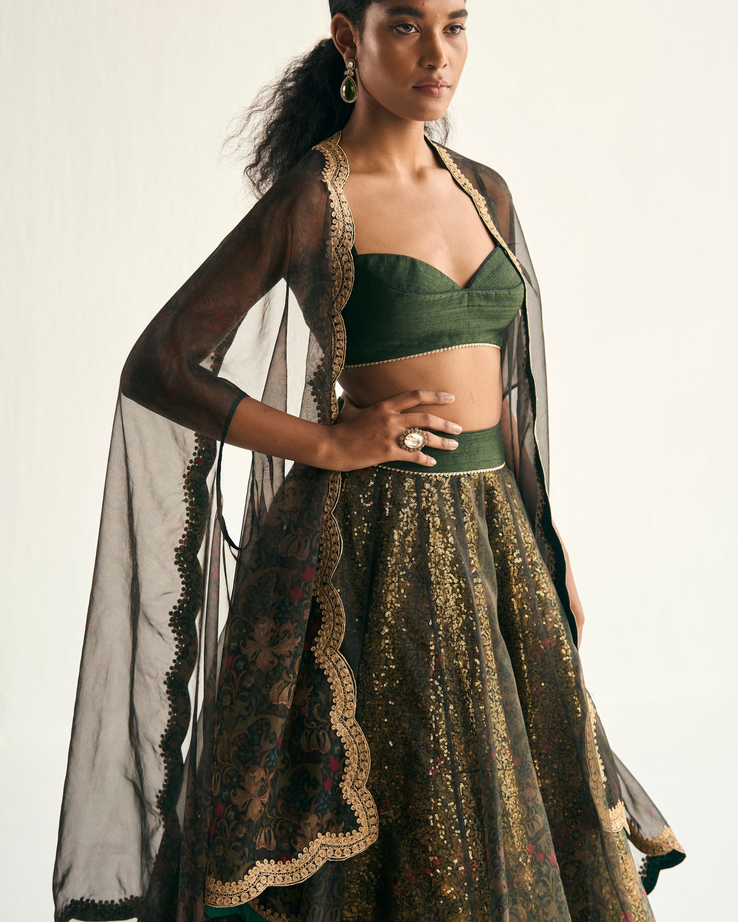 Enchanted forest printed organza lehenga