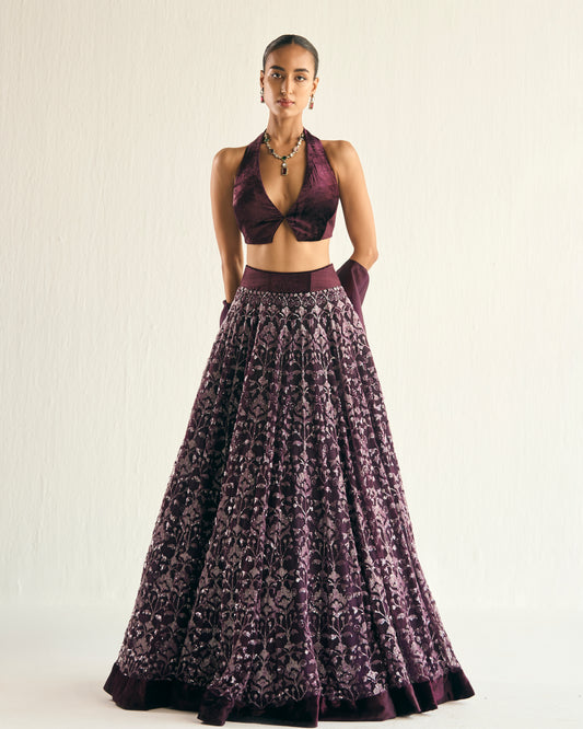 Wine sequin florets embroidered lehenga