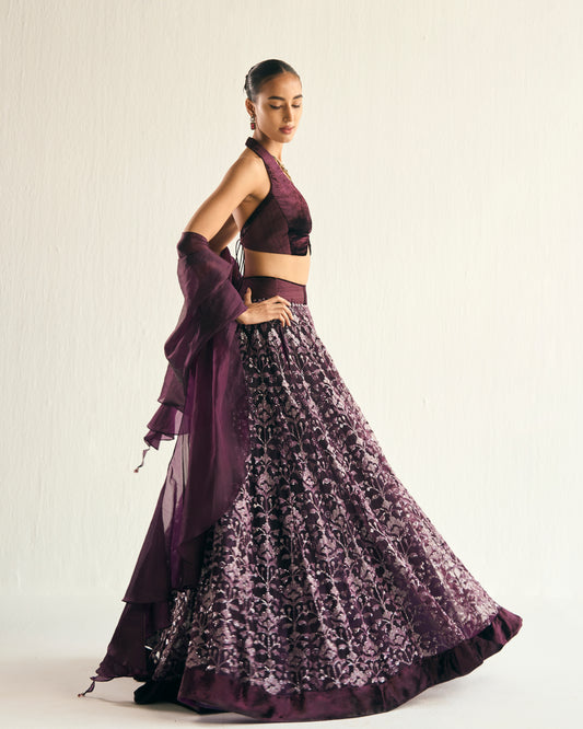 Wine sequin florets embroidered lehenga