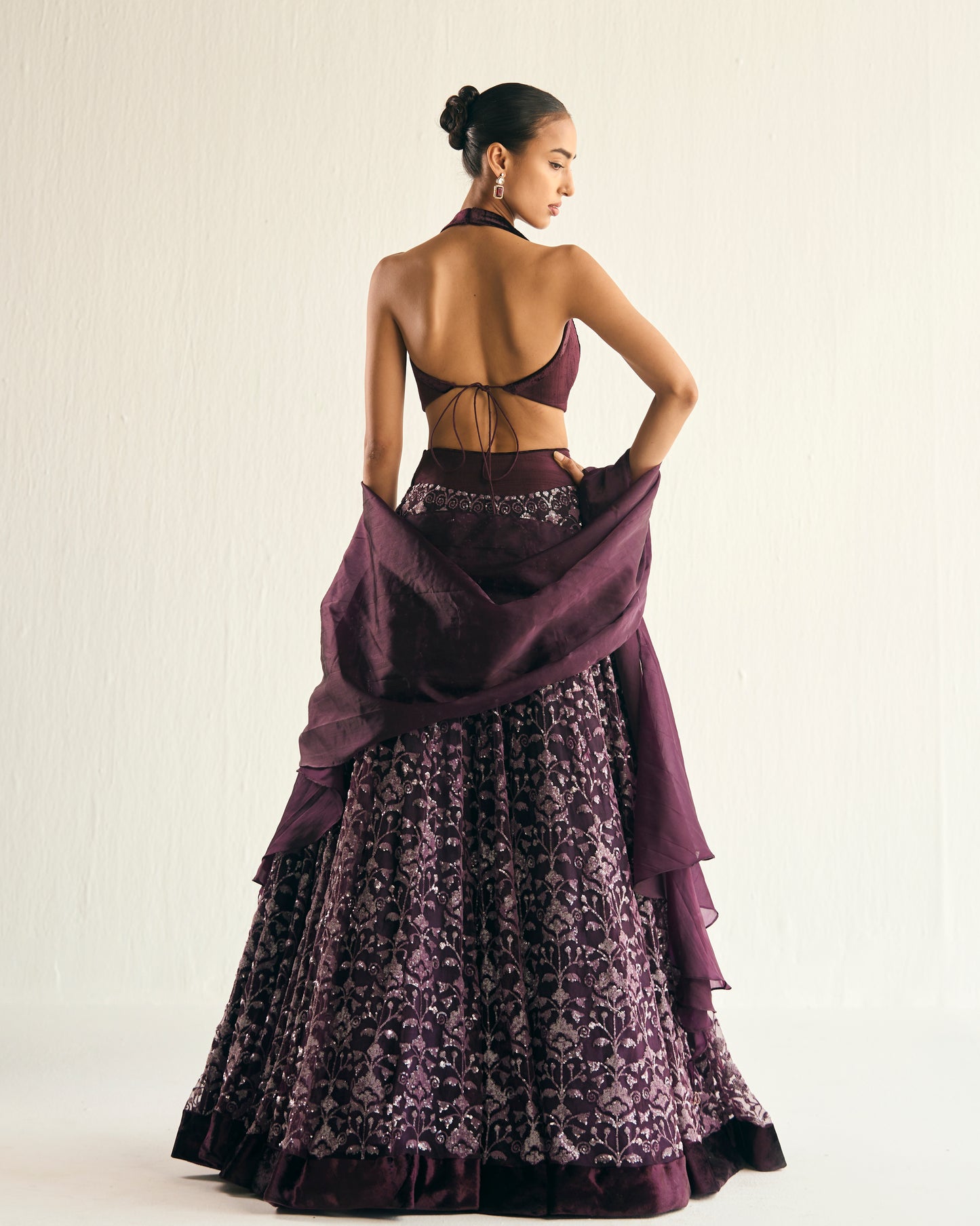 Wine sequin florets embroidered lehenga