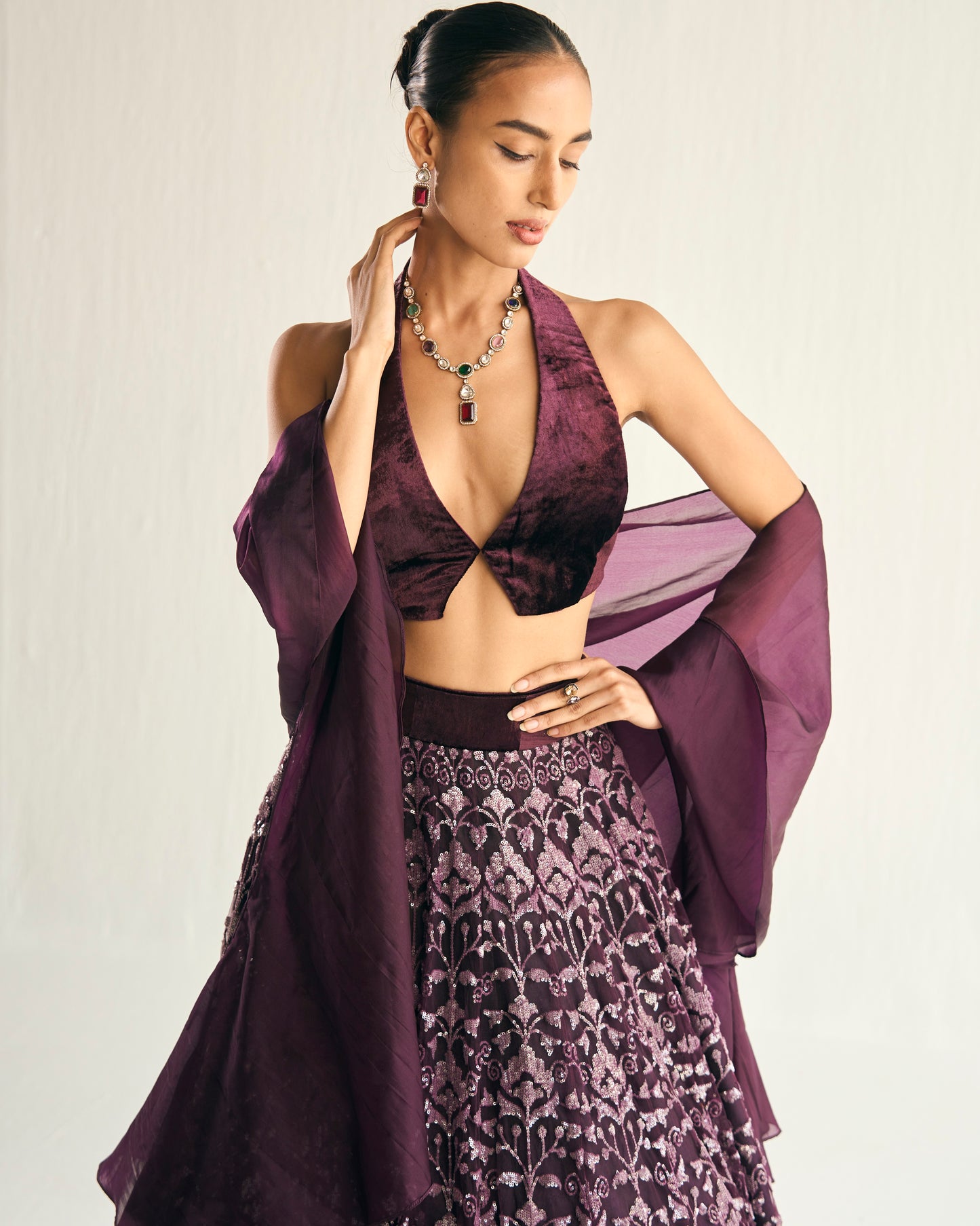 Wine sequin florets embroidered lehenga