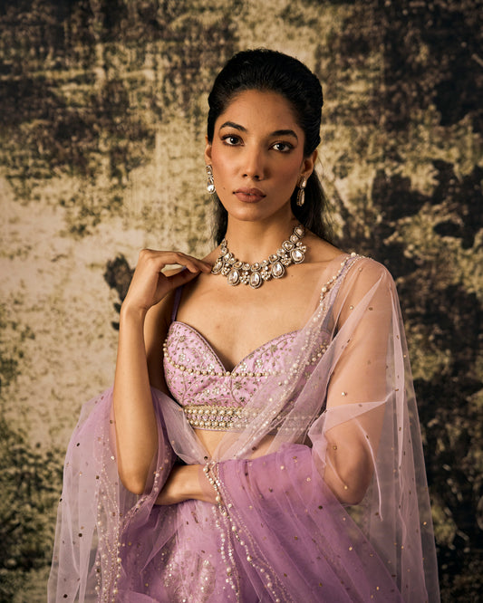 Lilac sequin embroidered tulle lehenga