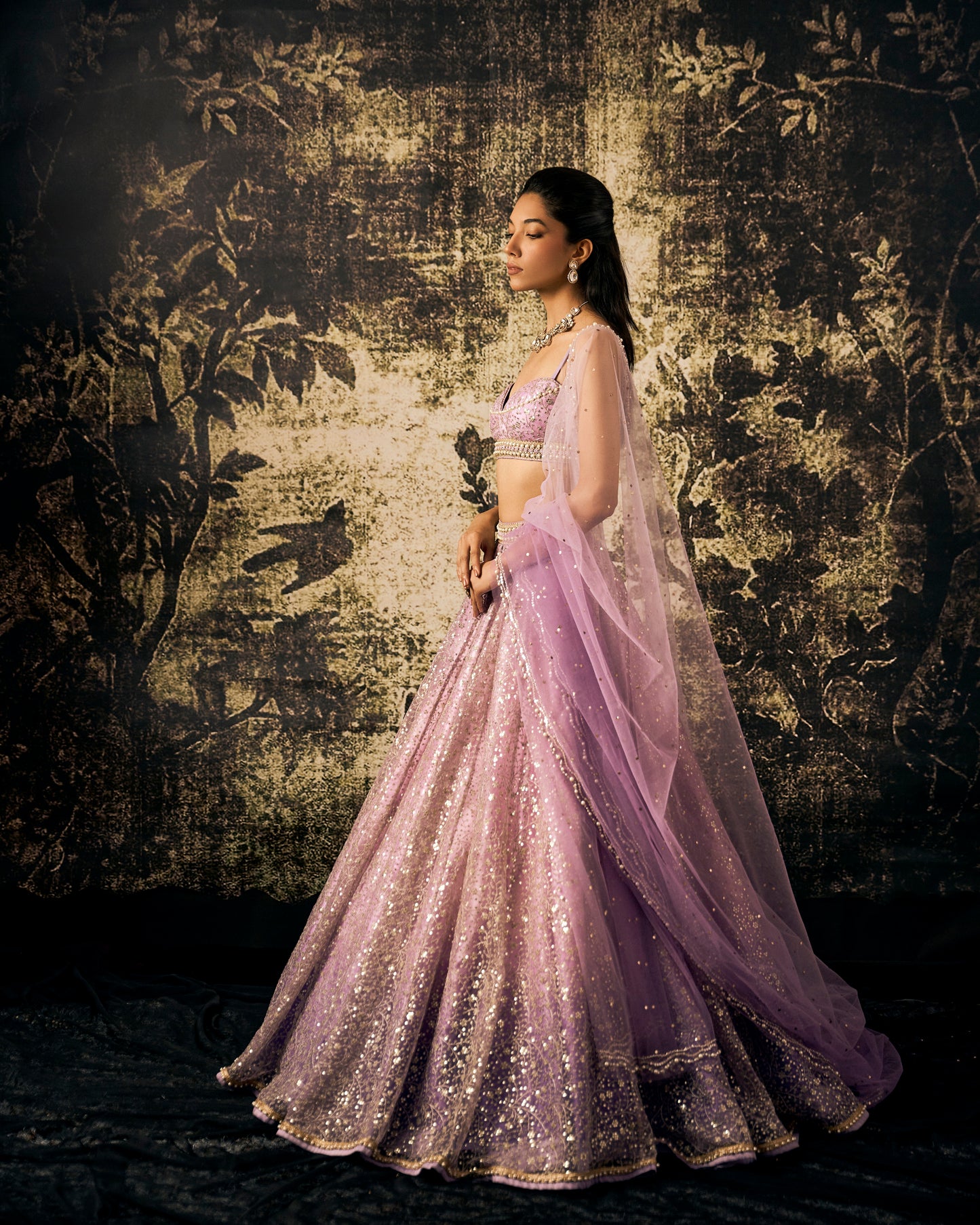 Lilac sequin embroidered tulle lehenga