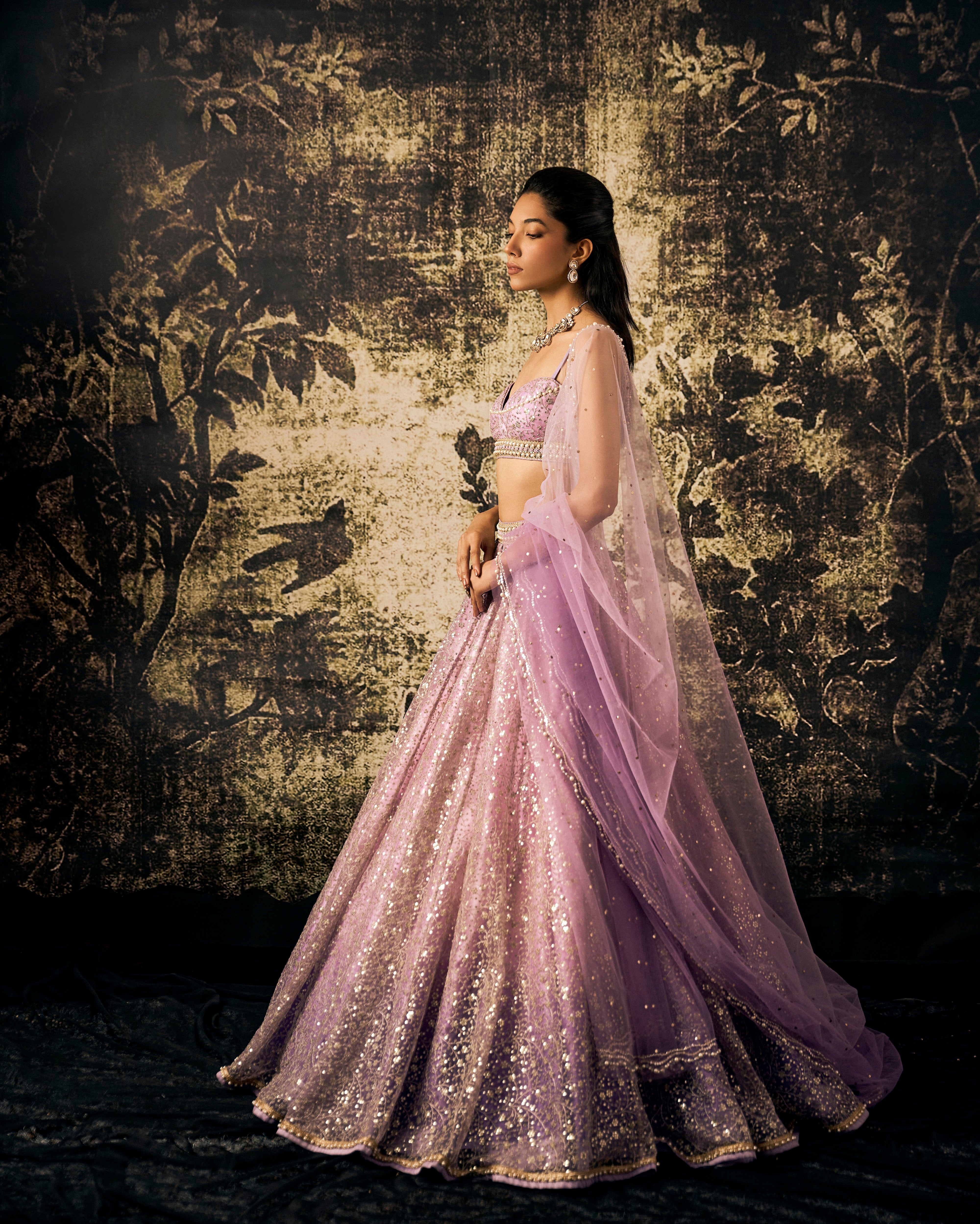 Lilac sequin embroidered tulle lehenga