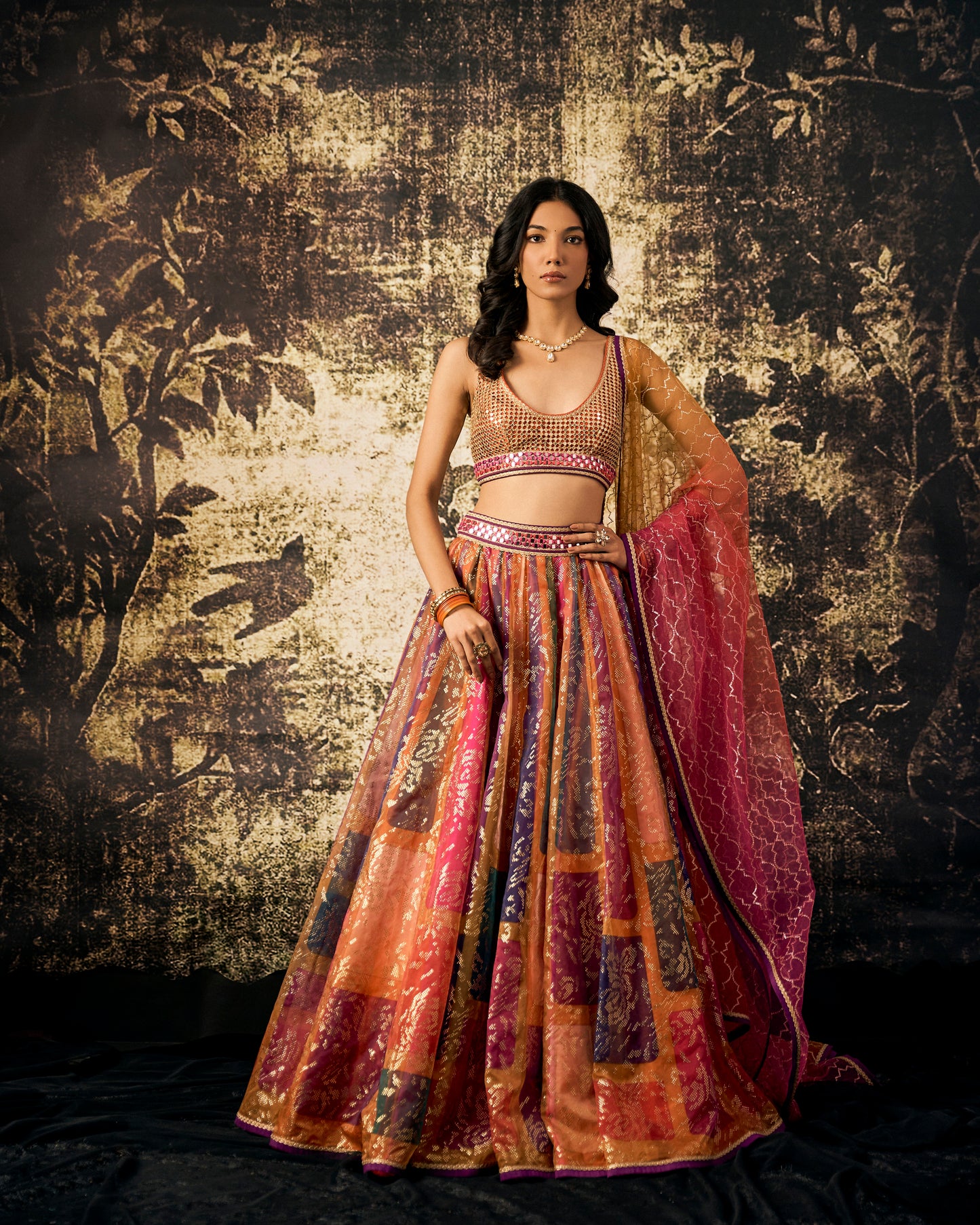 Multicolor printed blocks organza lehenga