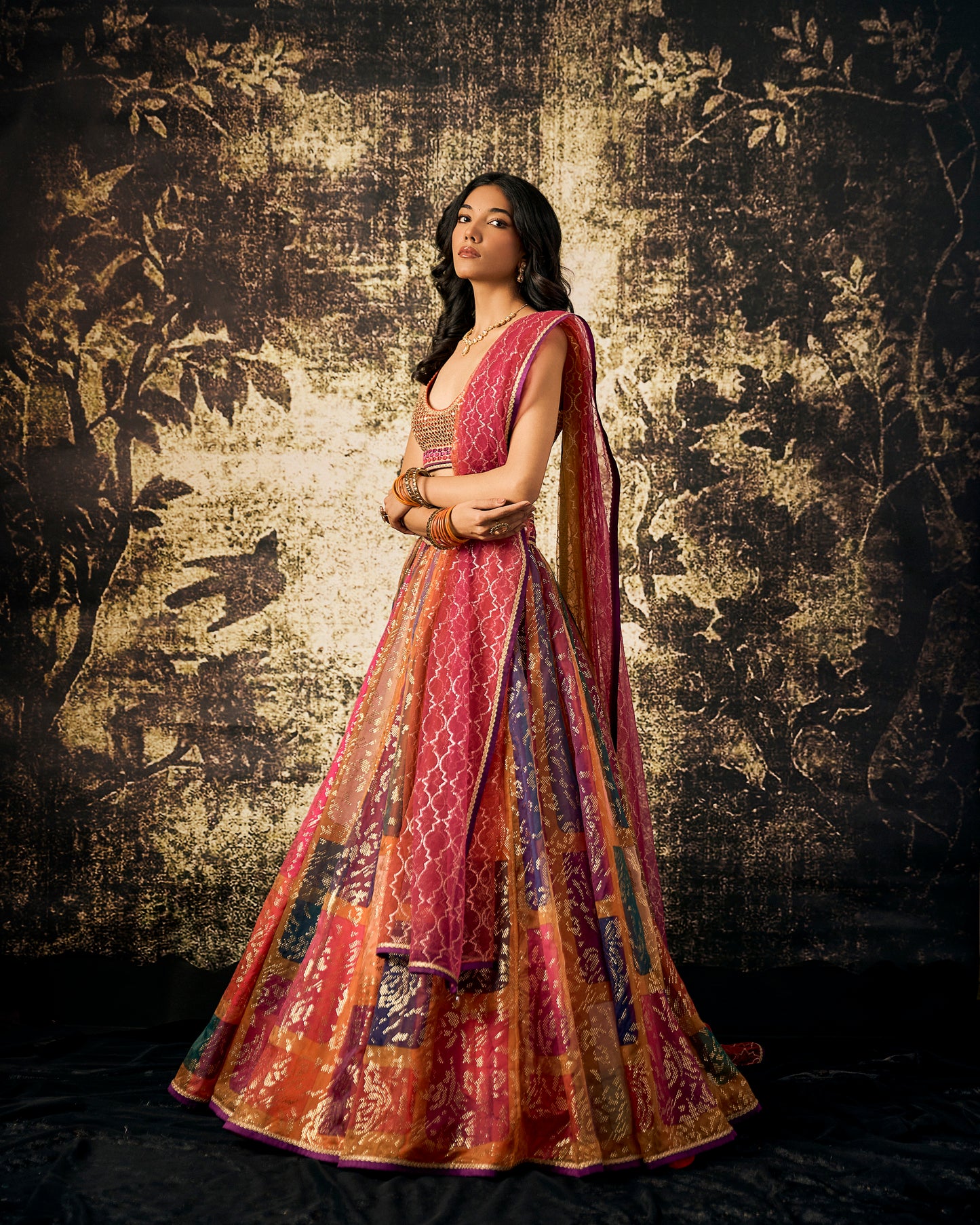 Multicolor printed blocks organza lehenga