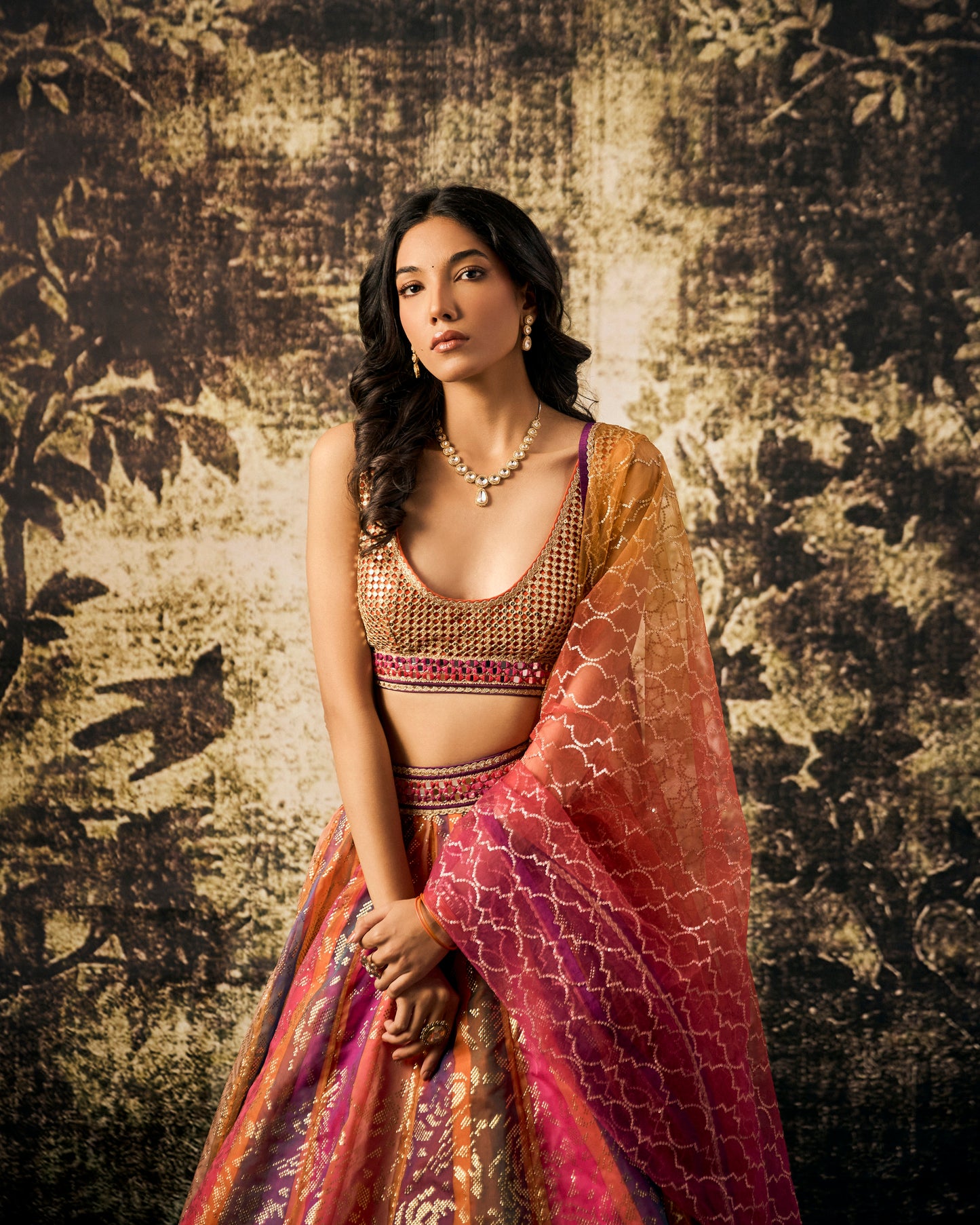 Multicolor printed blocks organza lehenga
