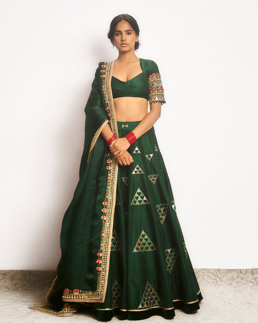 Forest green mirror embroidered lehenga