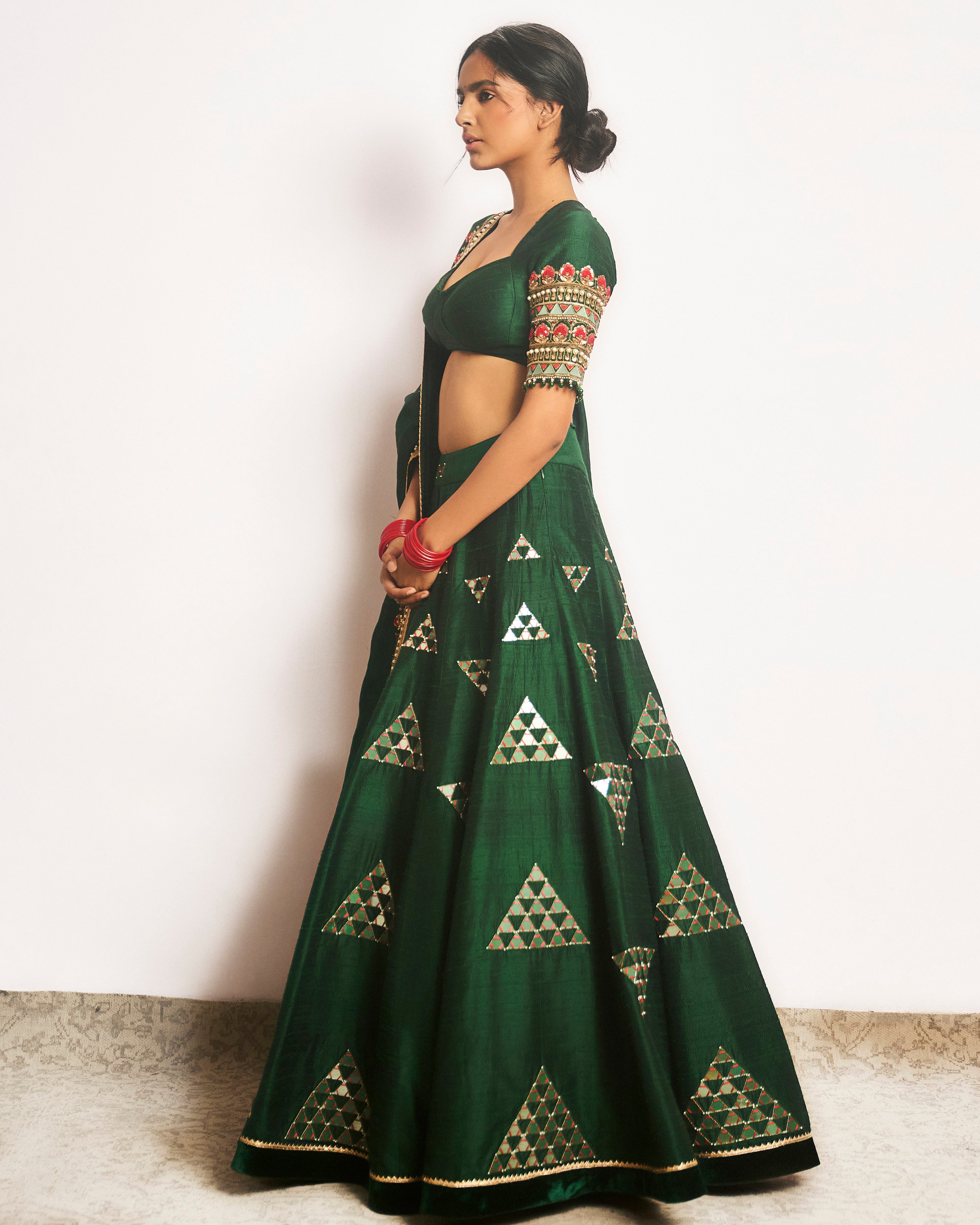 Forest green mirror embroidered lehenga