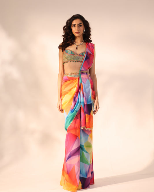 Kaleidoscope print drape saree