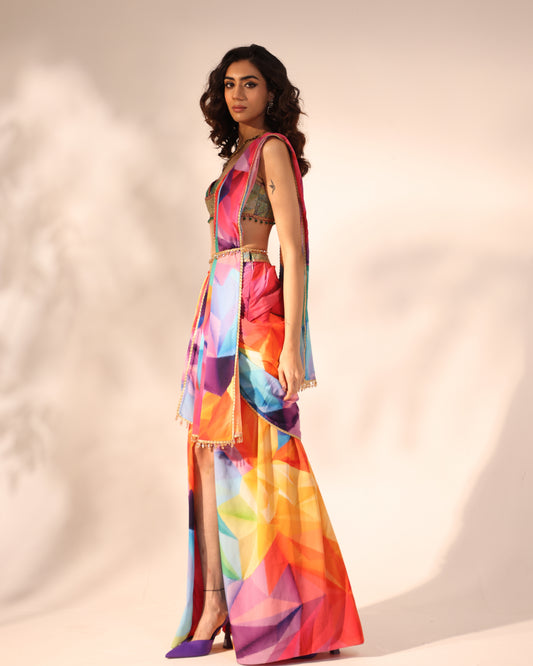 Kaleidoscope print drape saree