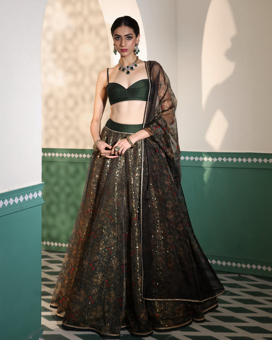 Enchanted forest printed organza lehenga