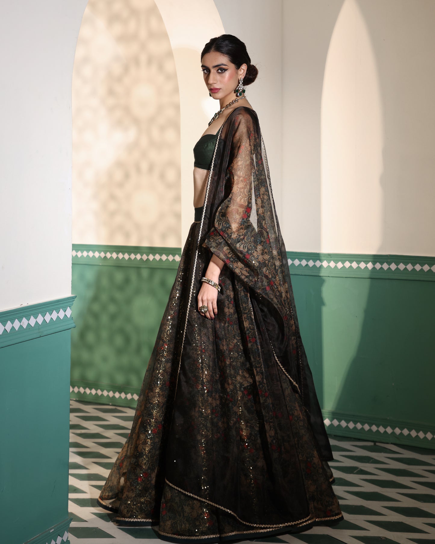 Enchanted forest printed organza lehenga