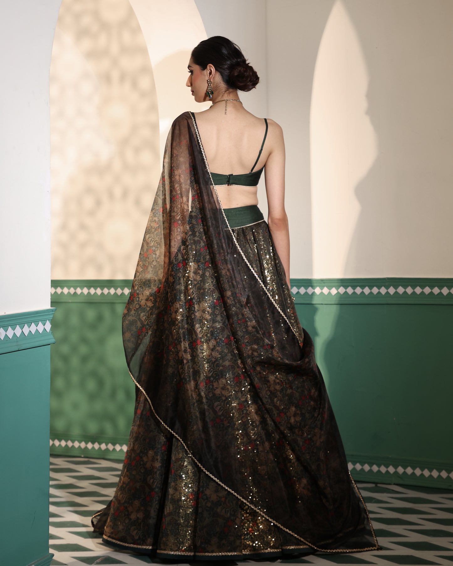 Enchanted forest printed organza lehenga