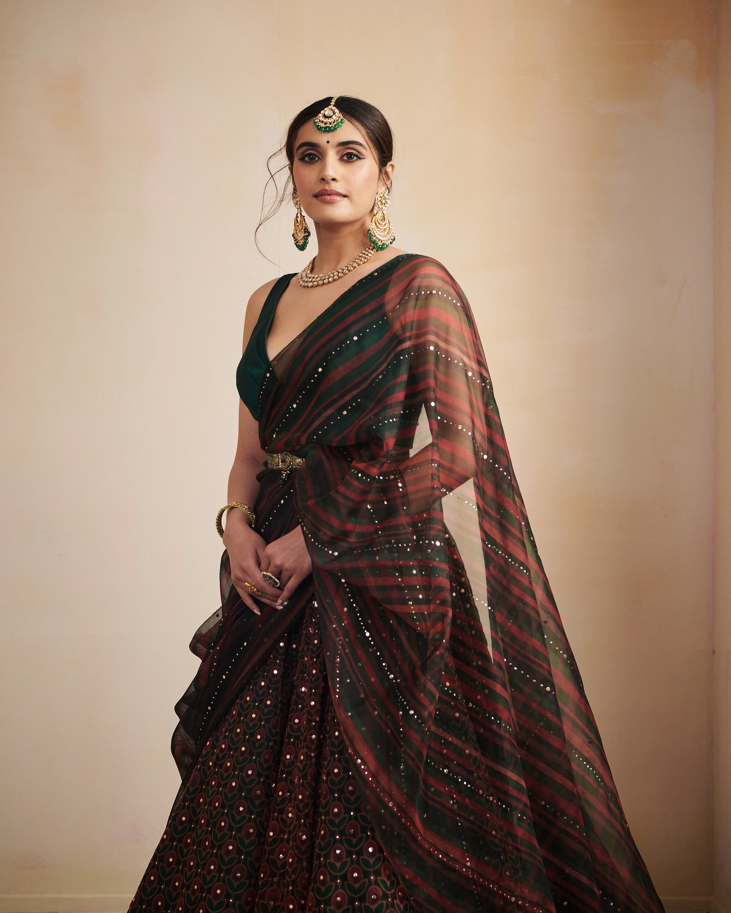 Green printed organza lehenga