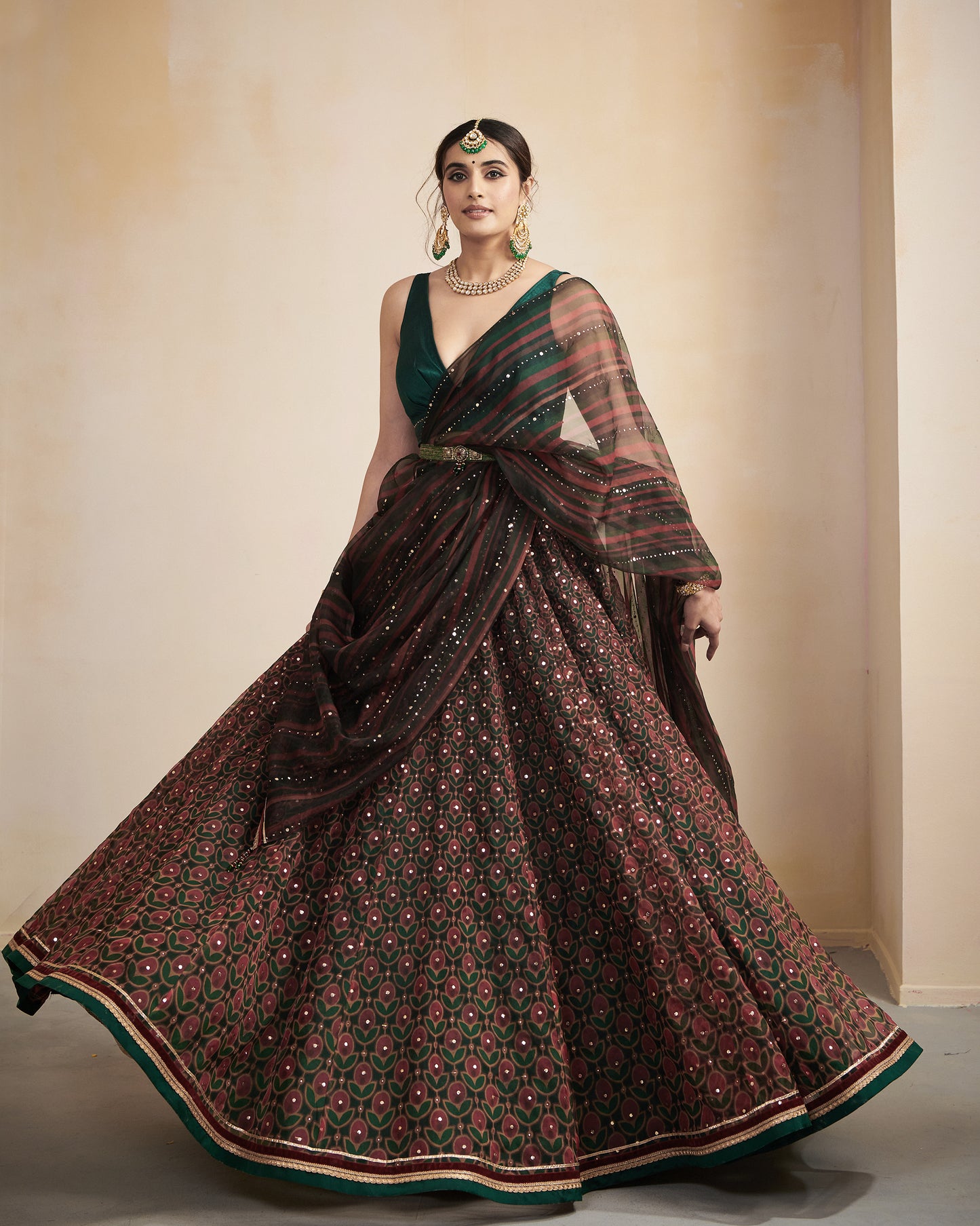 Green printed organza lehenga