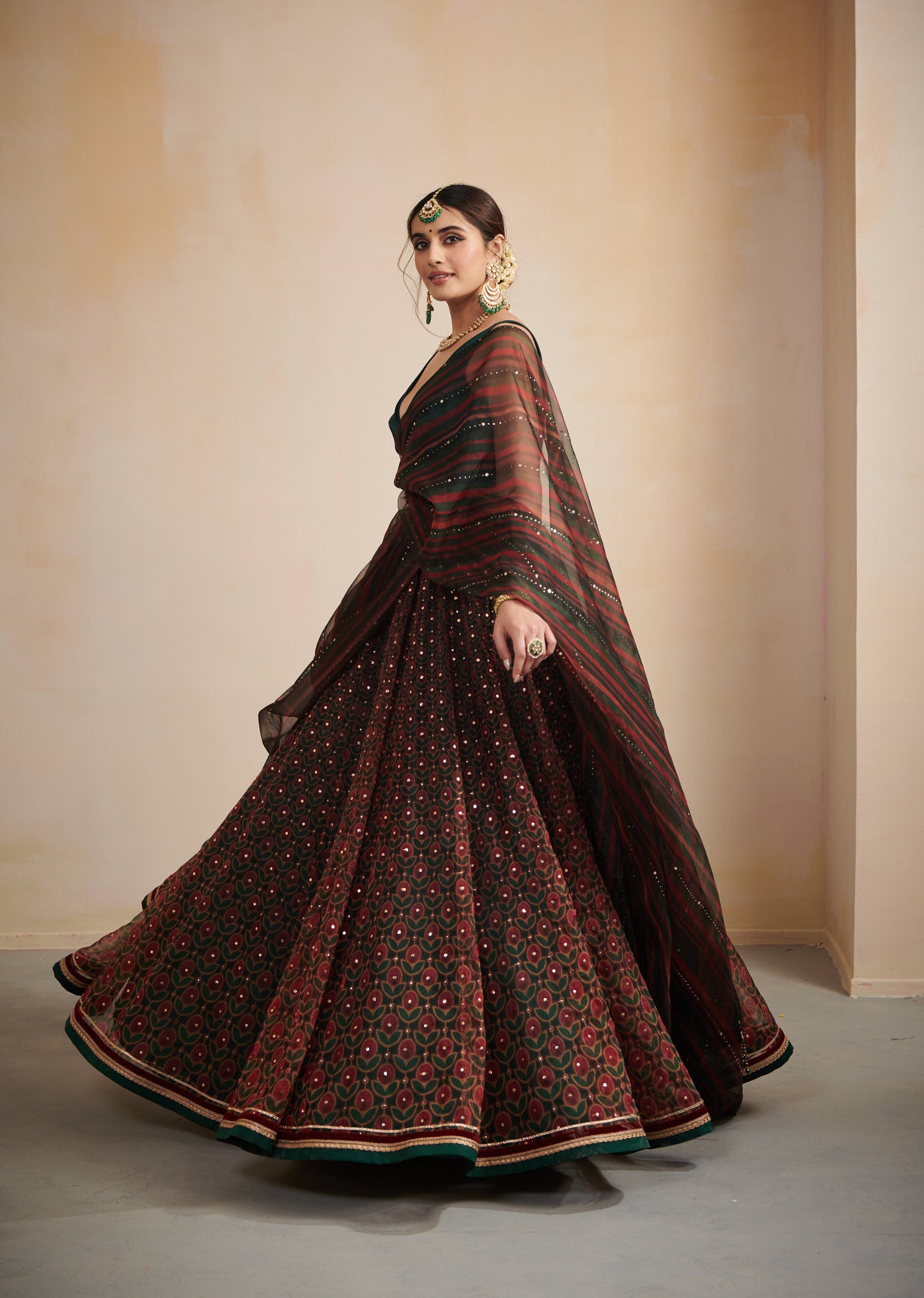 Green printed organza lehenga