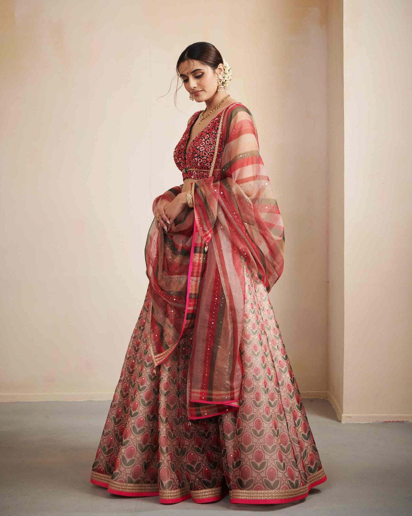 Printed organza lehenga with embroidered blouse