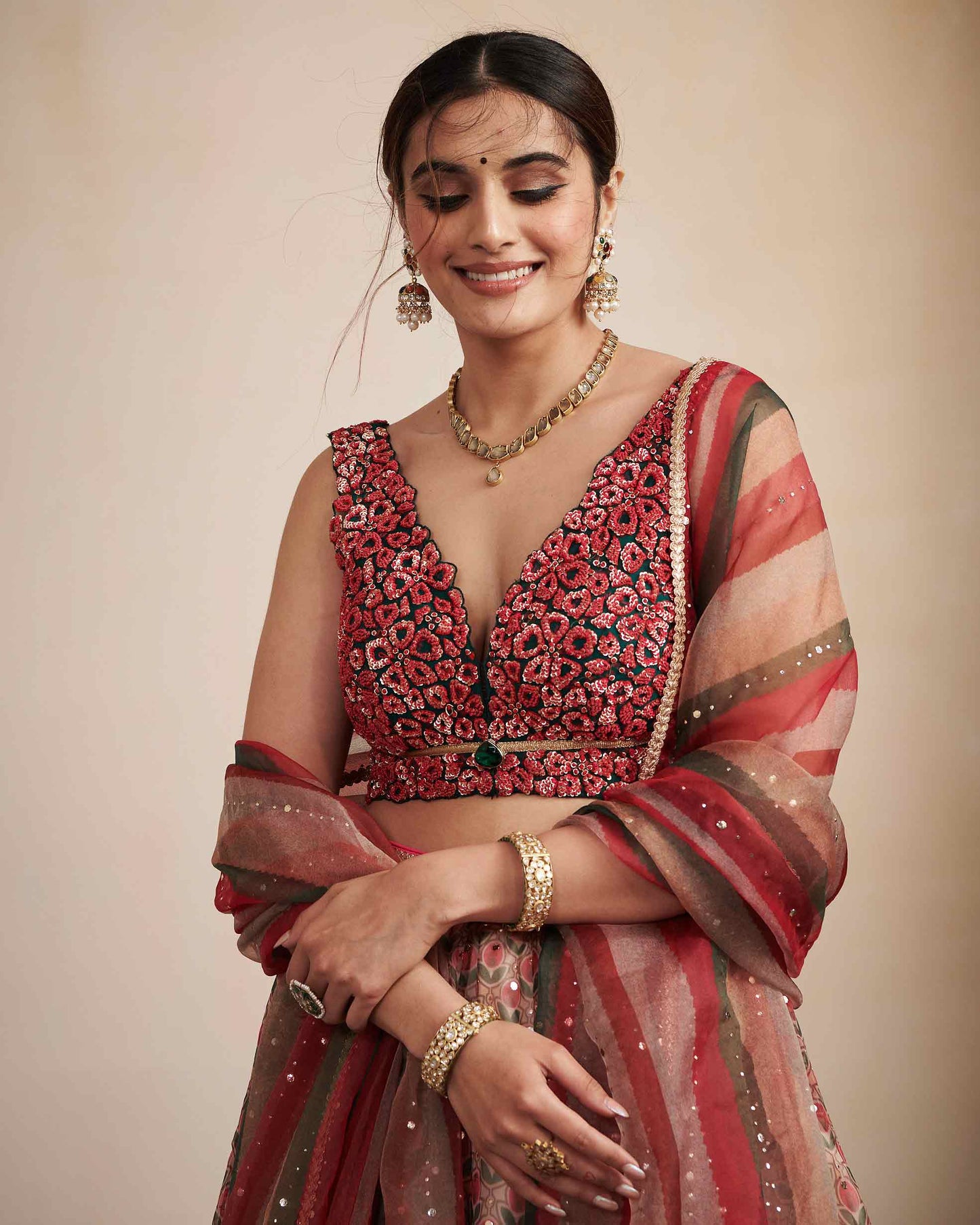 Printed organza lehenga with embroidered blouse