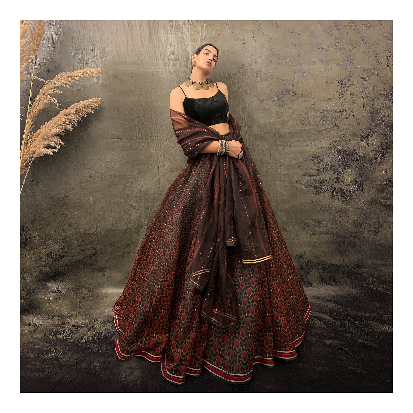 Printed organza lehenga