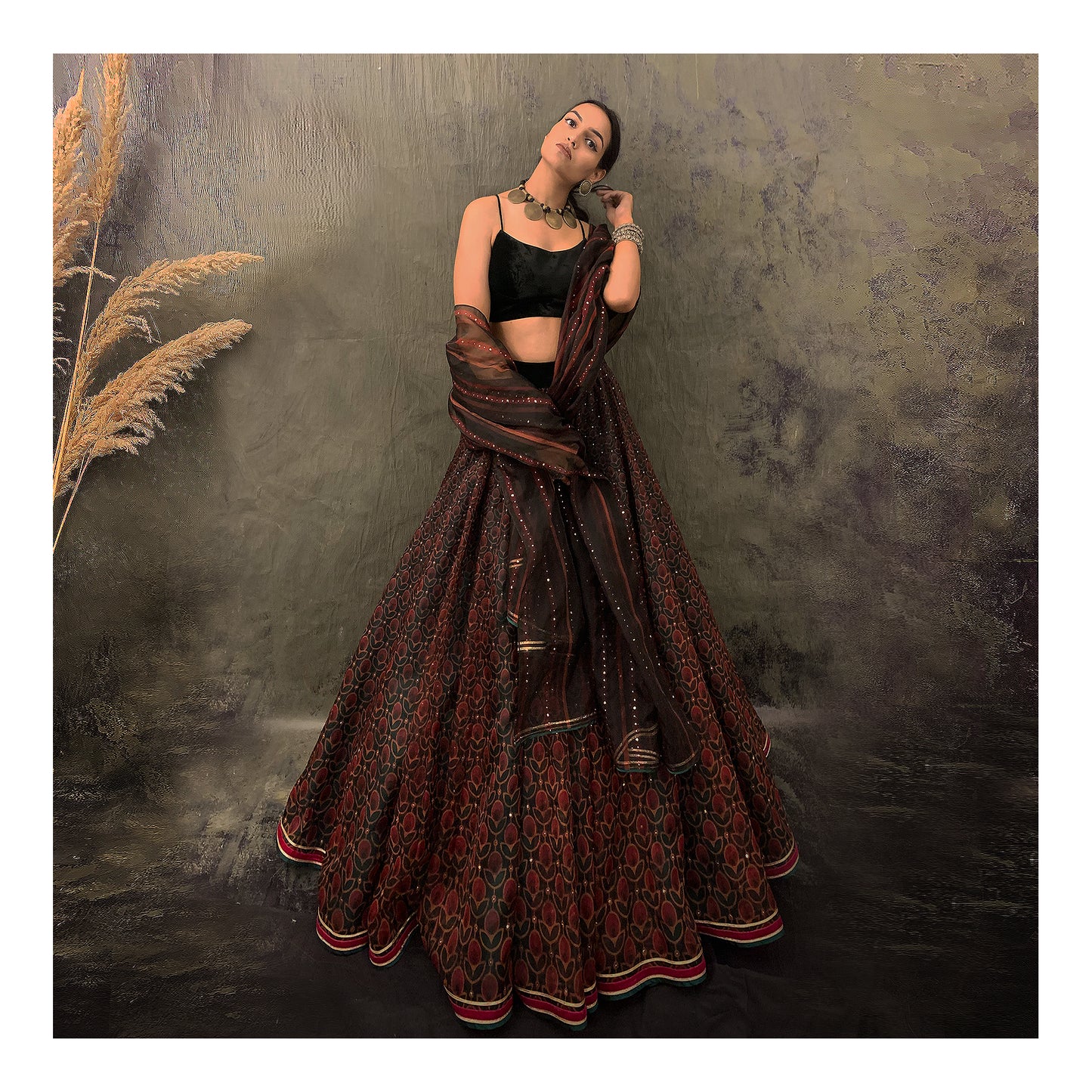 Printed organza lehenga