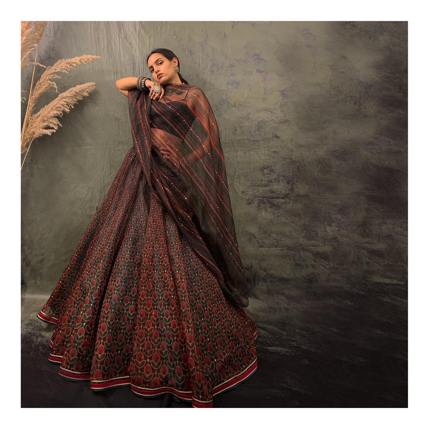 Printed organza lehenga