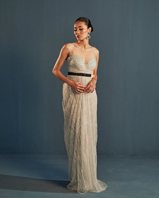 Draped column embroidered tulle gown