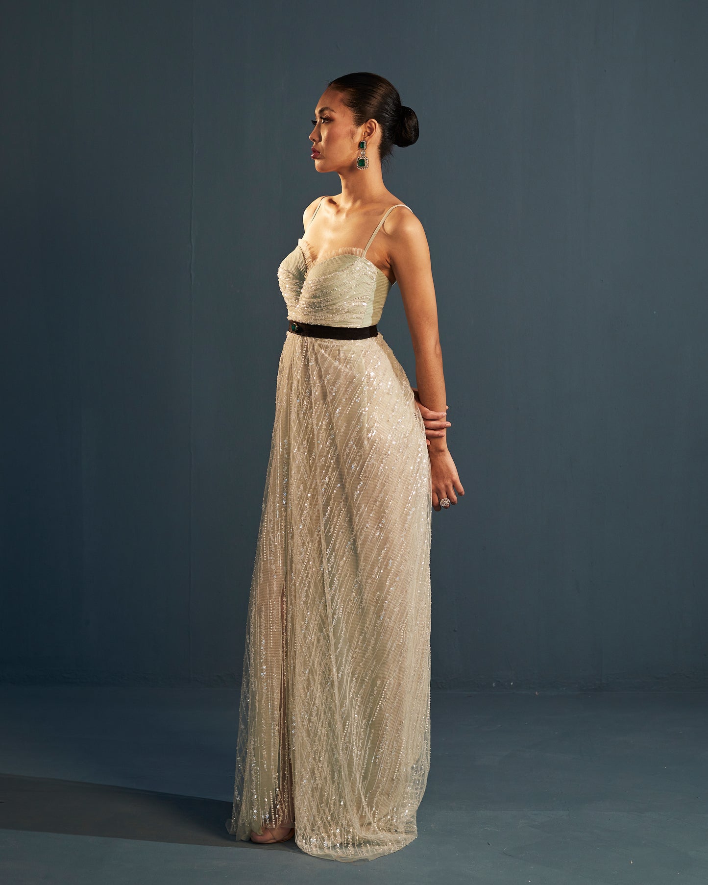 Draped column embroidered tulle gown