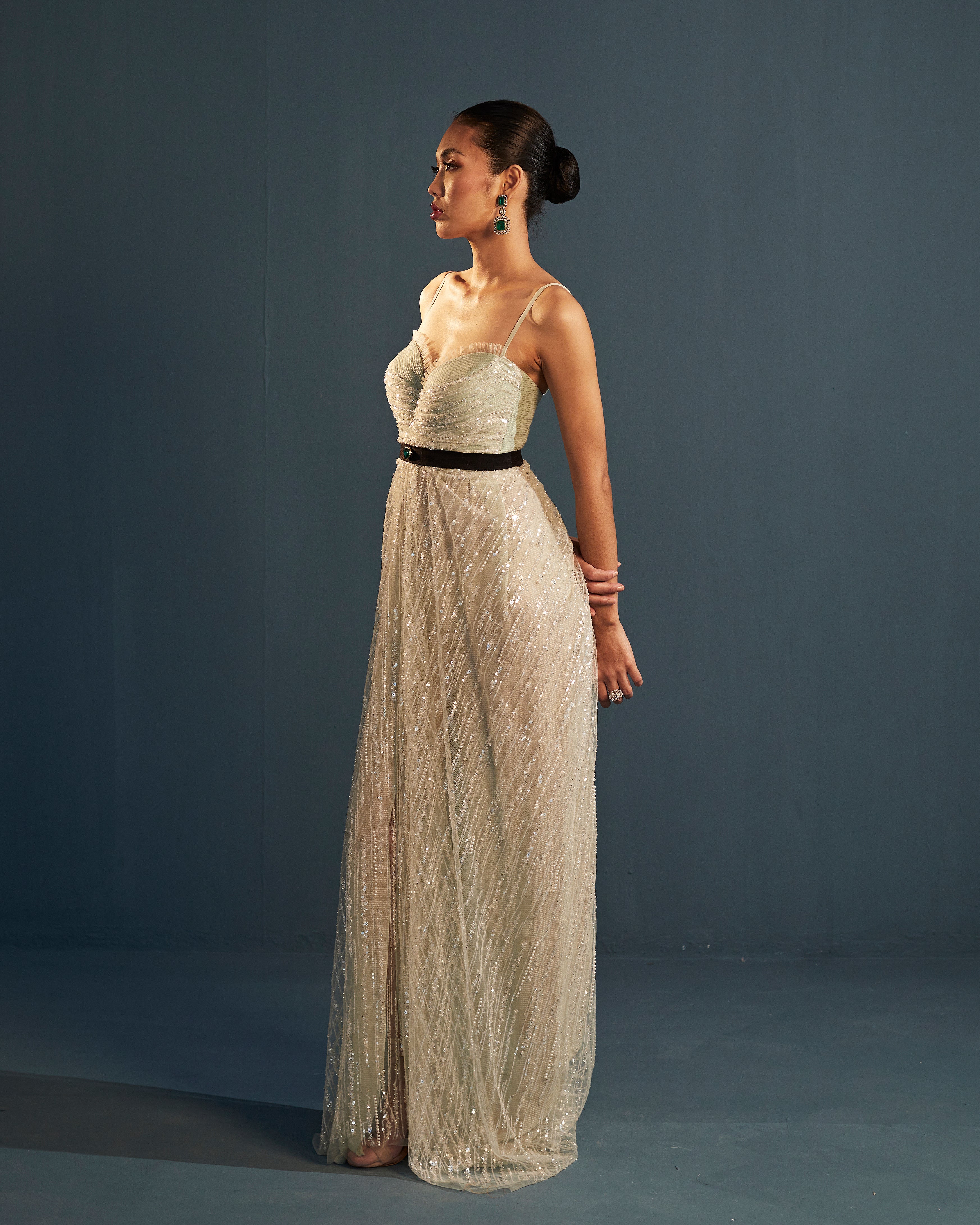 Draped column embroidered tulle gown