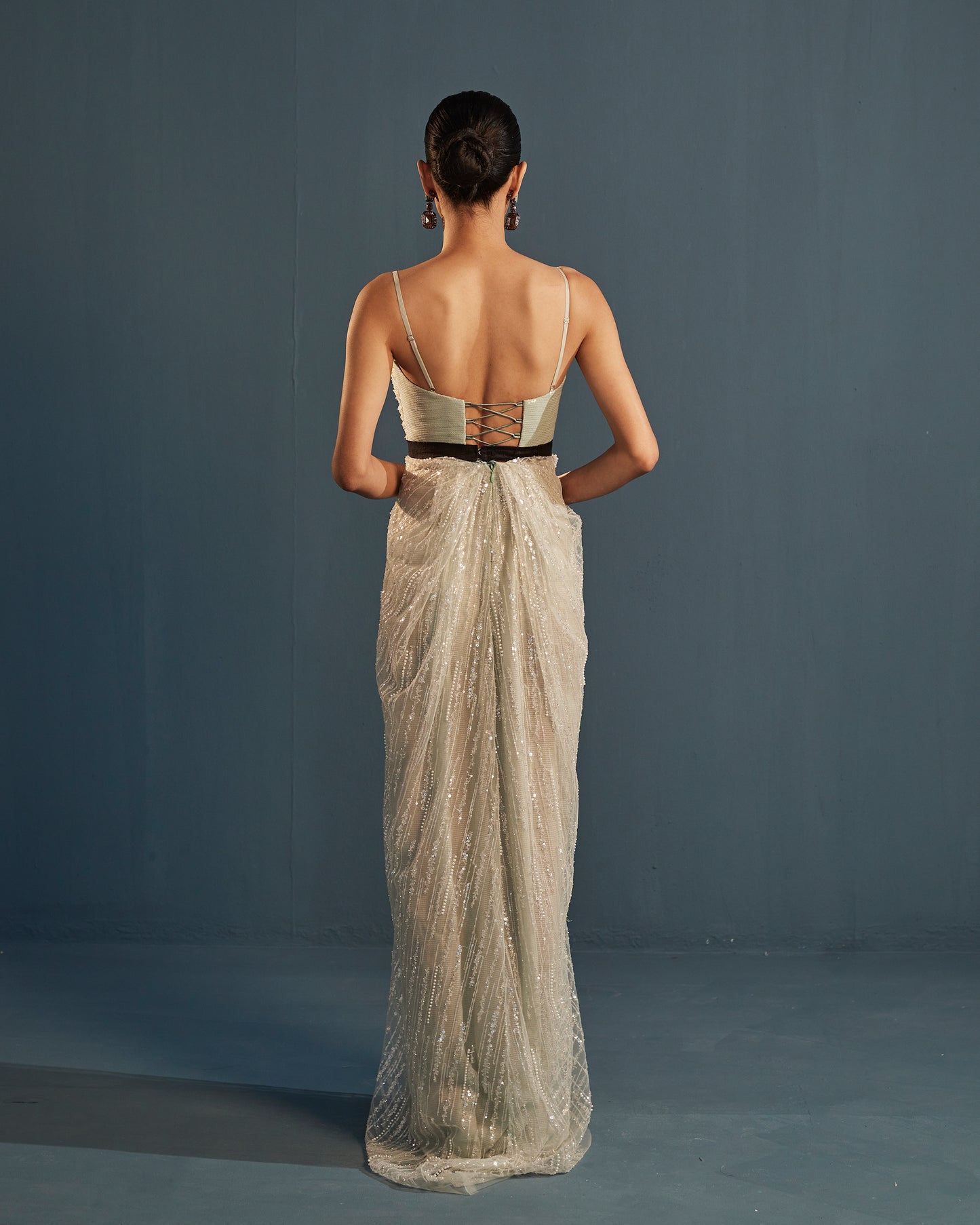 Draped column embroidered tulle gown