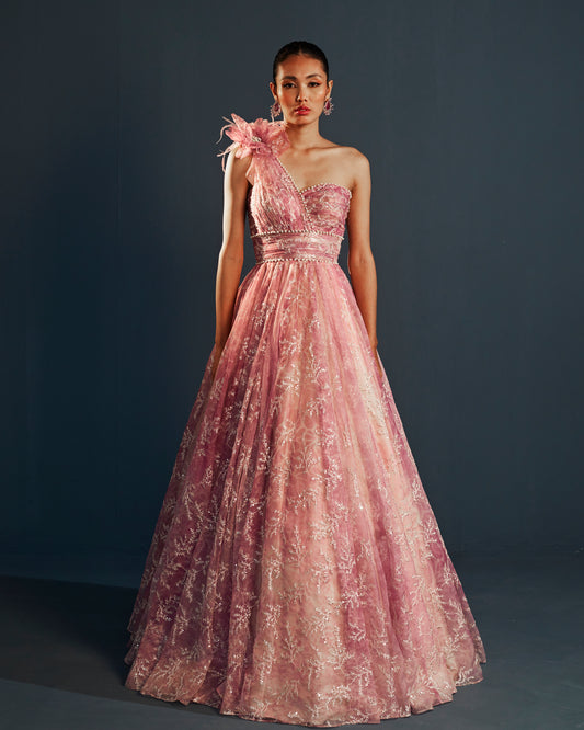 Pink one shoulder embroidered organza gown
