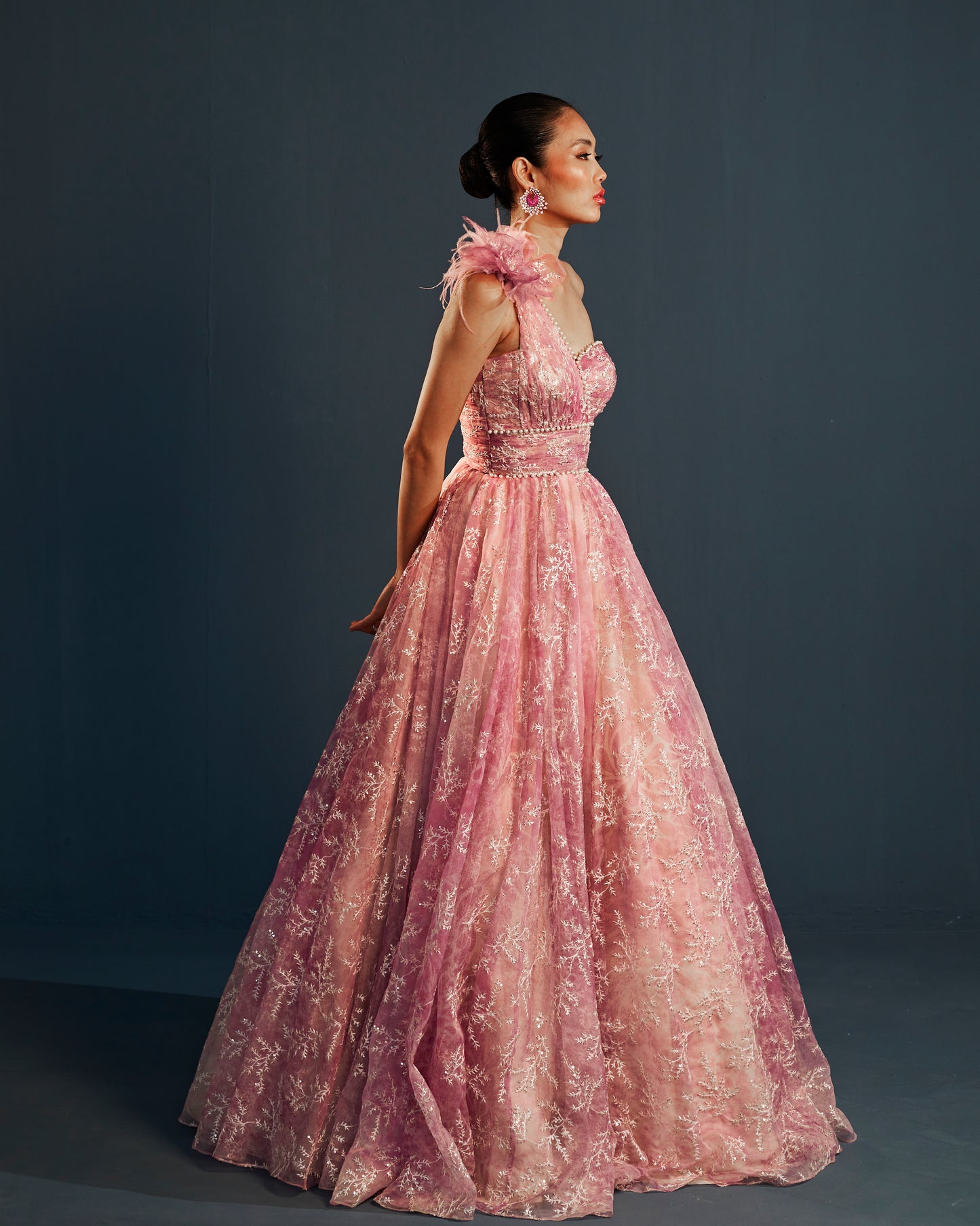 Pink one shoulder embroidered organza gown
