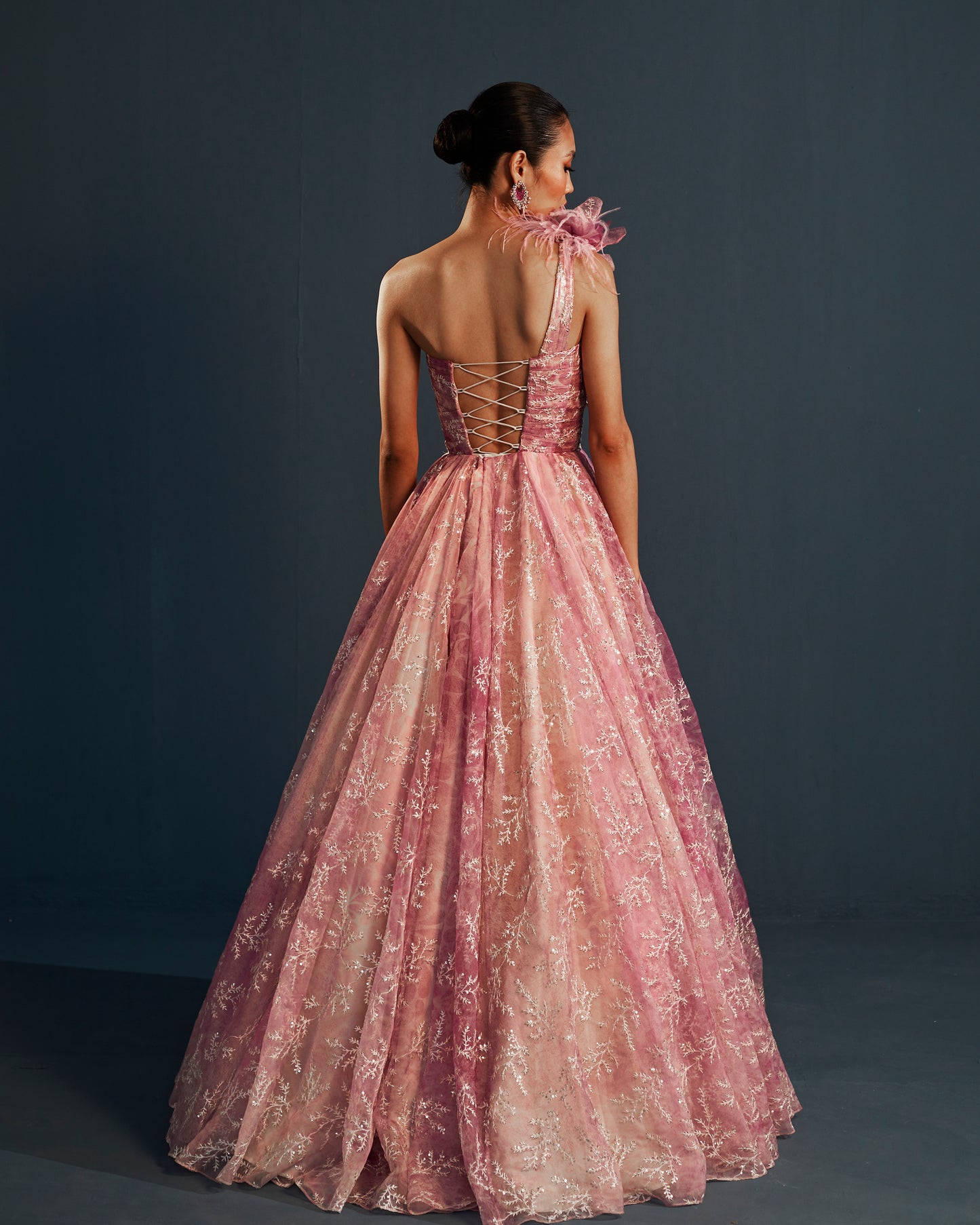 Pink one shoulder embroidered organza gown