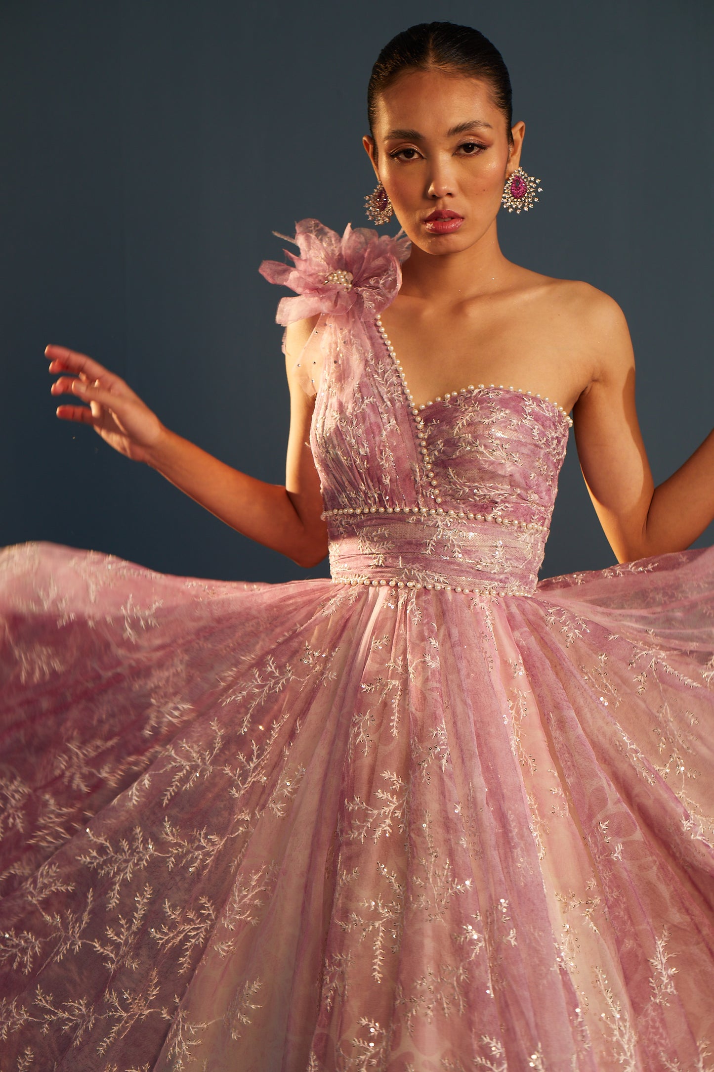 Pink one shoulder embroidered organza gown