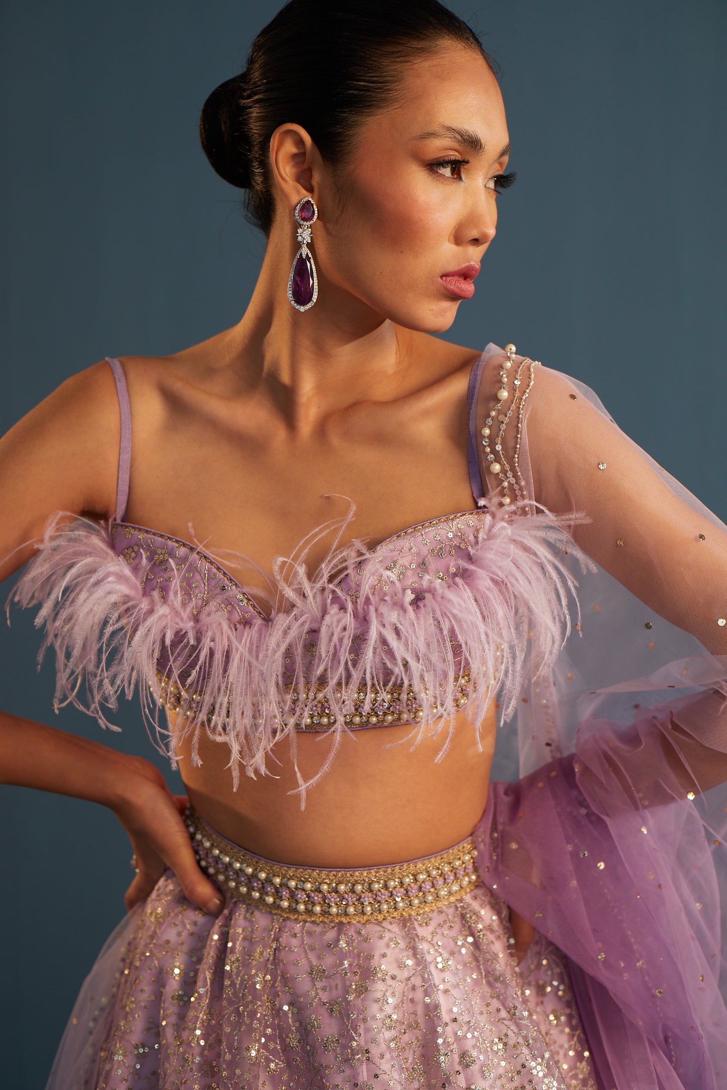 Lilac sequin embroidered tulle lehenga