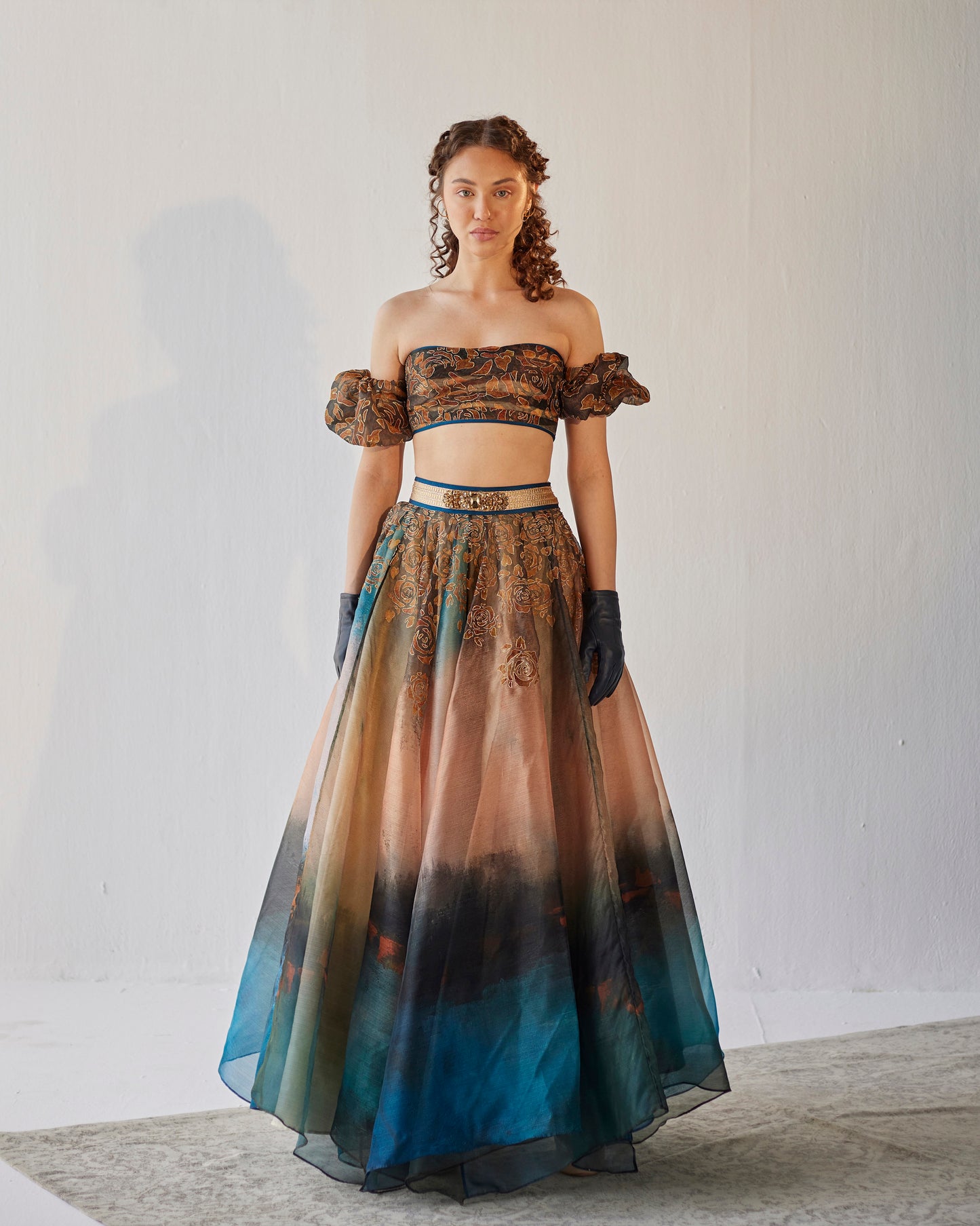 Oil on canvas printed organza skirt set
